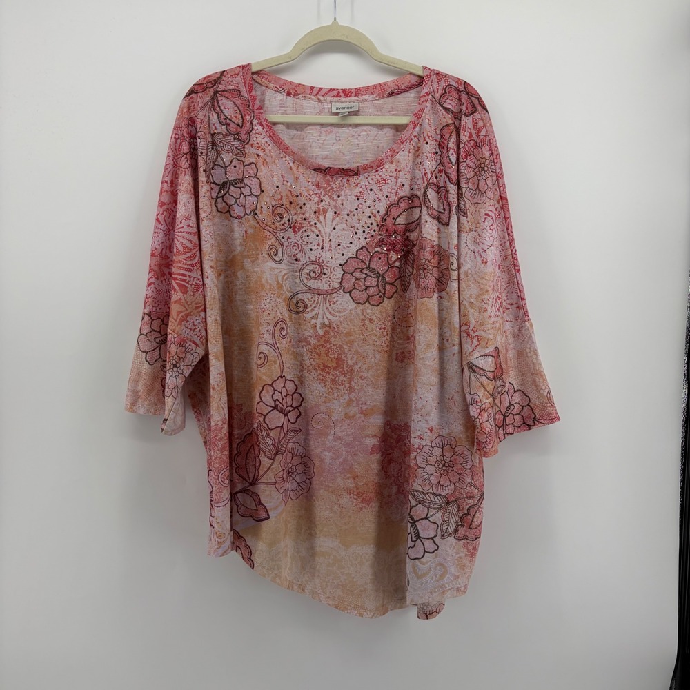 Avenue Womens 22/24 Pink Floral Paisley Tunic Rhinestone High Low Blouse